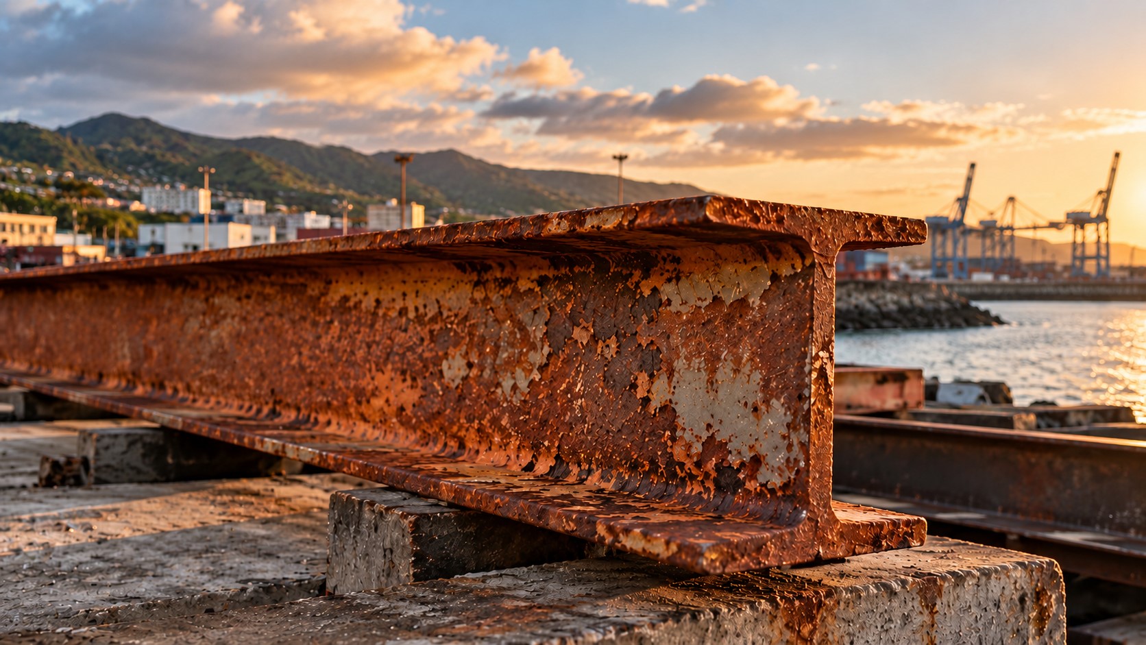 Illustration IA : poutrelle IPN rouillée sur le port de La Réunion, avant traitement