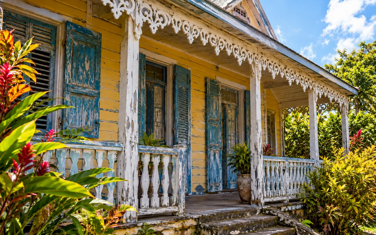 Visuel illustratif : façade jaune, volets bleus et boiseries de la maison créole avant nettoyage