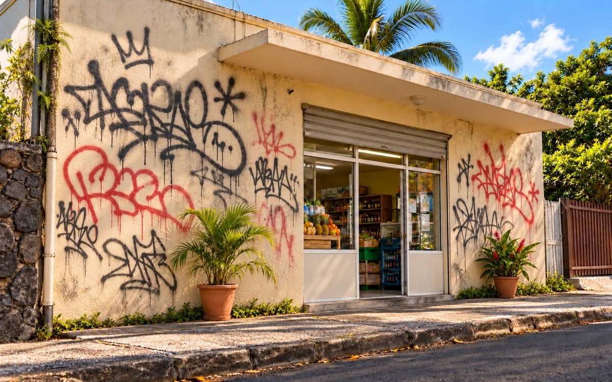 Illustration IA : façade d'une petite épicerie tropicale recouverte de graffitis rouges et noirs ; la façade nettoyée apparaît au survol ou avec le bouton