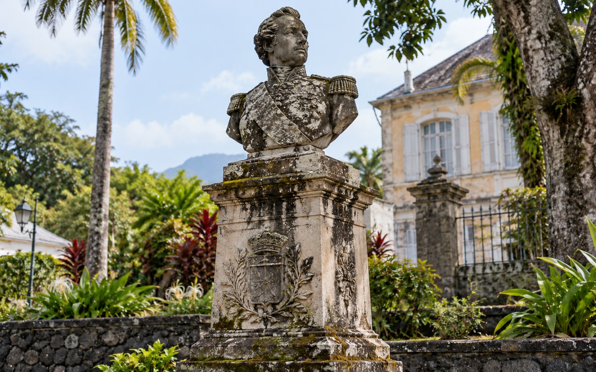 Illustration IA : buste en pierre sur son piédestal, noirci par l'humidité et la mousse, dans un jardin patrimonial ; le monument restauré apparaît au survol ou avec le bouton