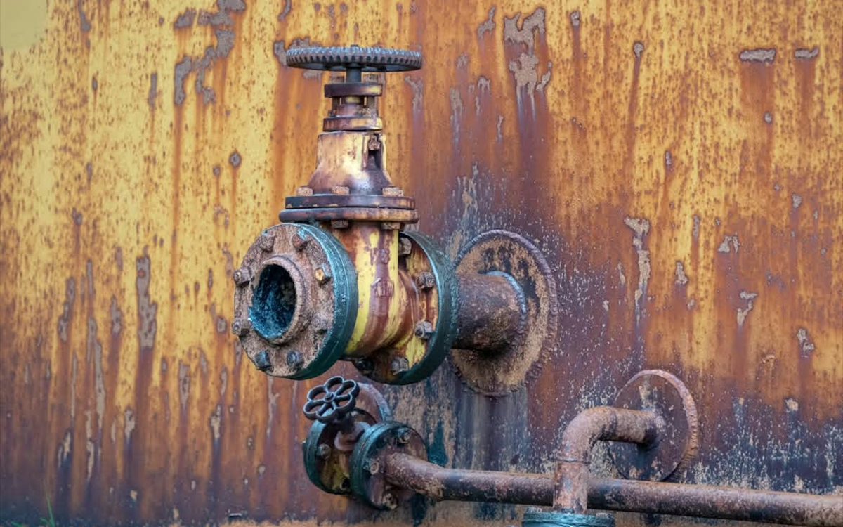 Illustration : vanne industrielle et tuyauteries oxydées devant un réservoir métallique, avant nettoyage